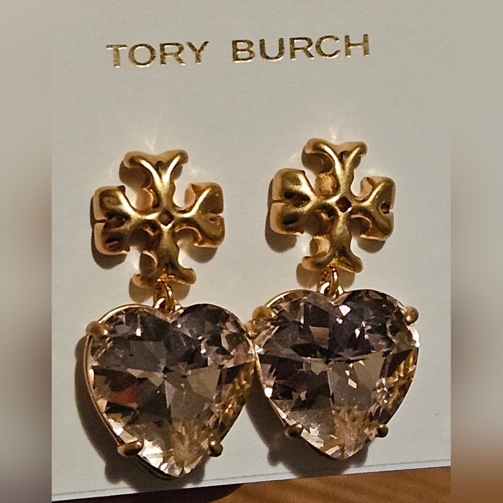 LOW START Tory Burch Gold and Pink Faceted Heart Earrings - Picture 6 of 8